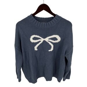 Blue Bow Intarsia Shaker Knit Sweater M Coquette Balletcore Cute Pastel Relaxed